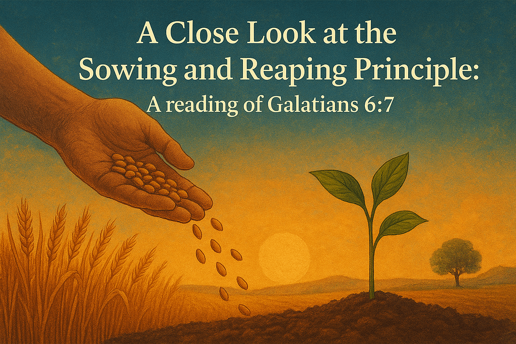 Generate a very brilliant and beautiful image suitable for a blog post to illustrate A Close Look at the Sowing and Reaping Principle: A reading of Galatians 6:7 with the following quoted words written on the images "A Close Look at the Sowing and Reaping Principle: A reading of Galatians 6:7"